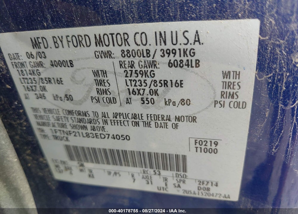2003 FORD F-250 XL/XLT VIN: 1FTNF21L83ED74050