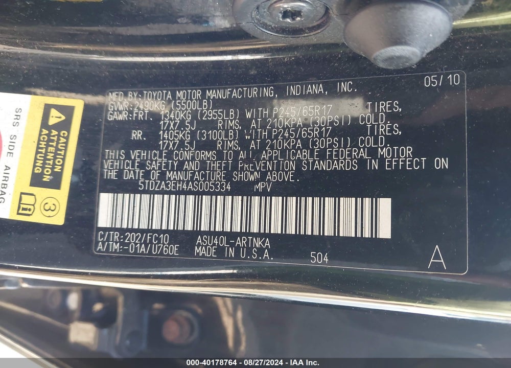 2010 TOYOTA HIGHLANDER VIN: 5TDZA3EH4AS005334