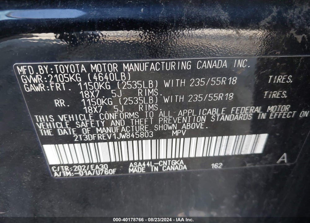 2018 TOYOTA RAV4 LIMITED VIN: 2T3DFREV1JW845803