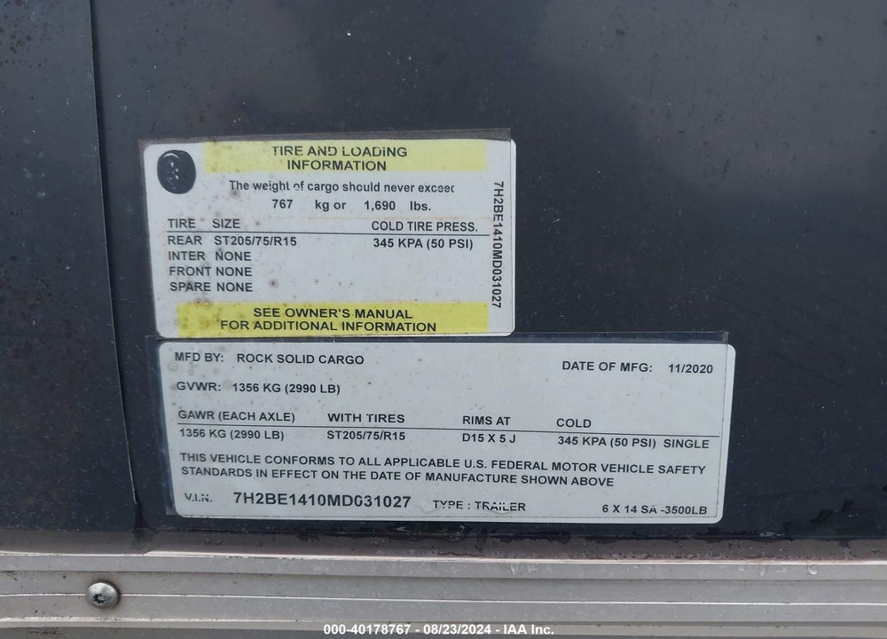 2021 ROCK SOLID CARGO TRAILER VIN: 7H2BE1410MD031027