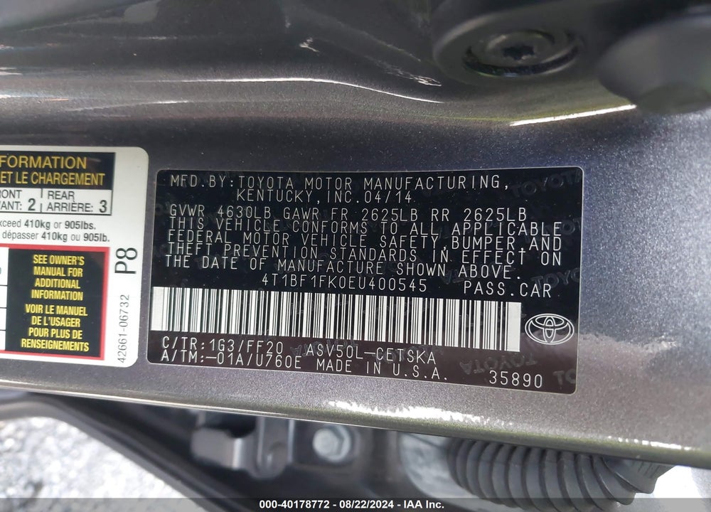2014 TOYOTA CAMRY SE SPORT VIN: 4T1BF1FK0EU400545