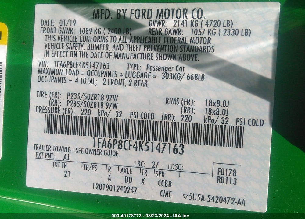 2019 FORD MUSTANG GT VIN: 1FA6P8CF4K5147163
