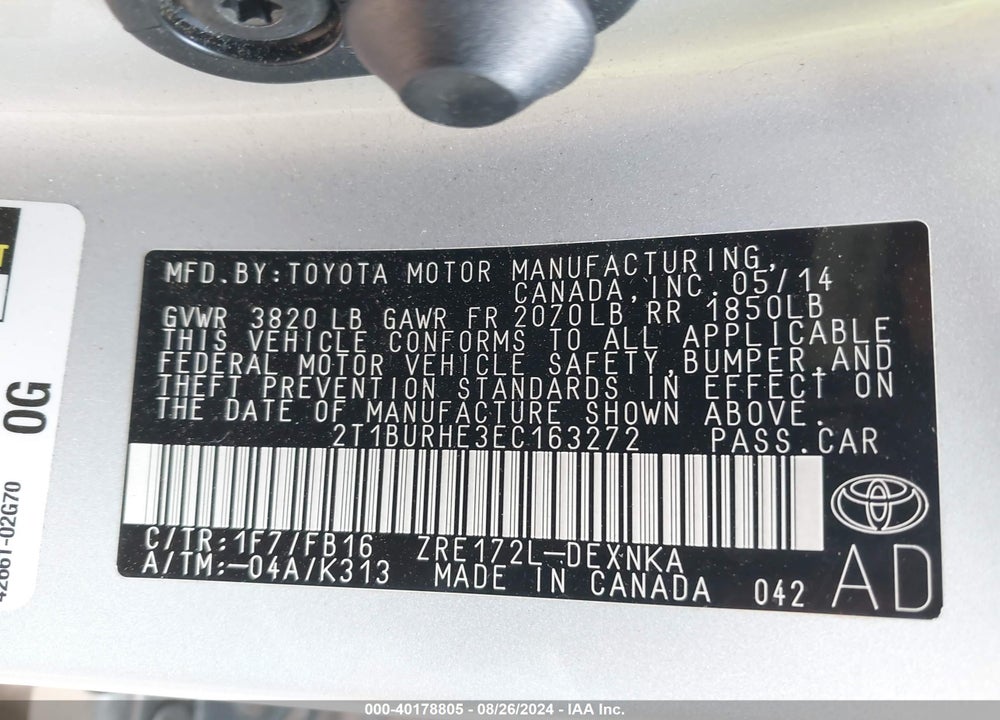 2014 TOYOTA COROLLA LE VIN: 2T1BURHE3EC163272