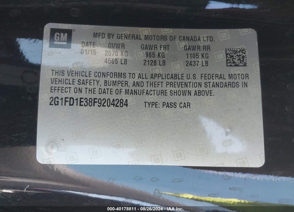 2015 CHEVROLET CAMARO VIN: 2G1FD1E38F9204284