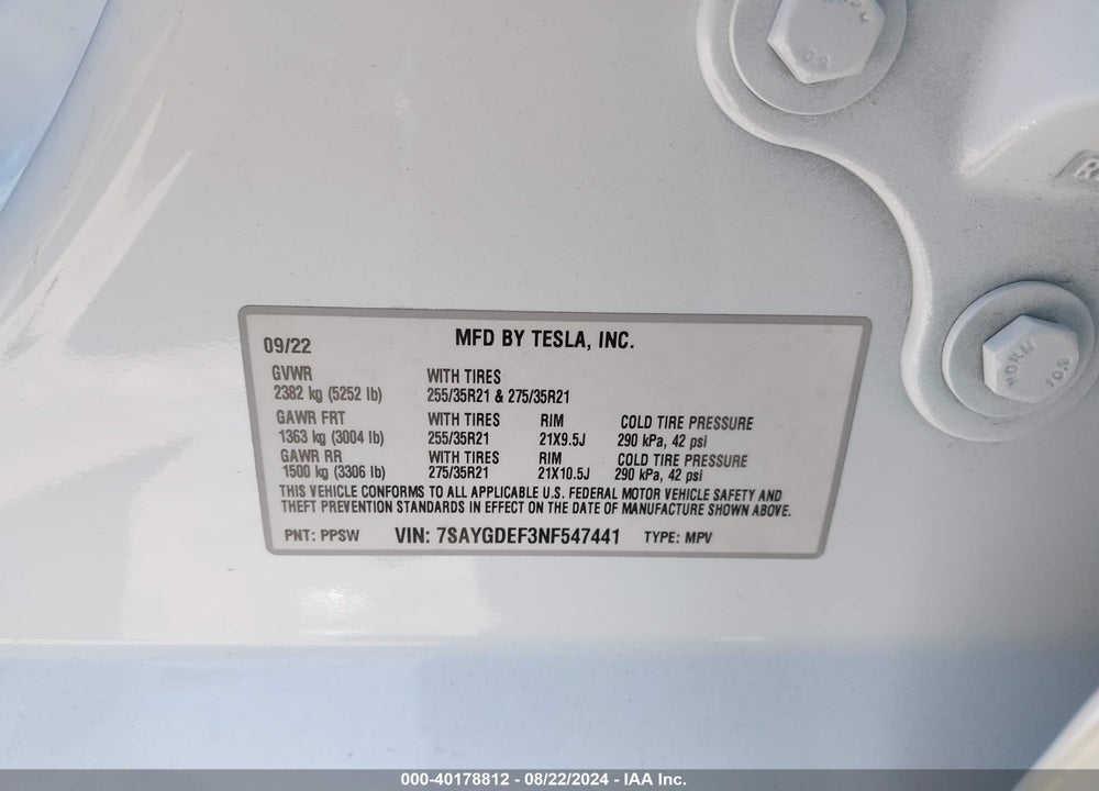 2022 TESLA MODEL Y PERFORMANCE DUAL MOTOR ALL-WHEEL DRIVE VIN: 7SAYGDEF3NF547441