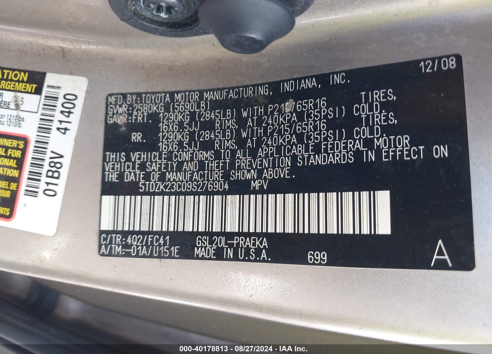 2009 TOYOTA SIENNA CE/LE VIN: 5TDZK23C09S276904