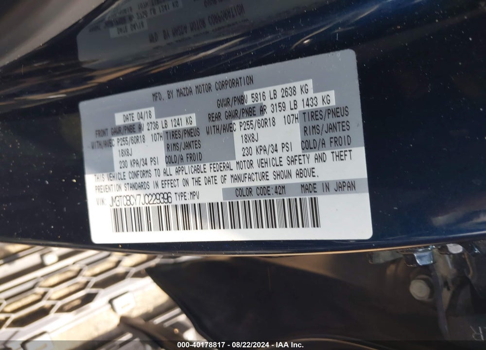 2018 MAZDA CX-9 TOURING VIN: JM3TCBCY7J0229396