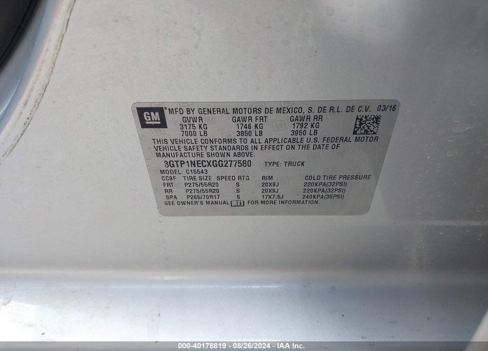 2016 GMC SIERRA 1500 VIN: 3GTP1NECXGG277580