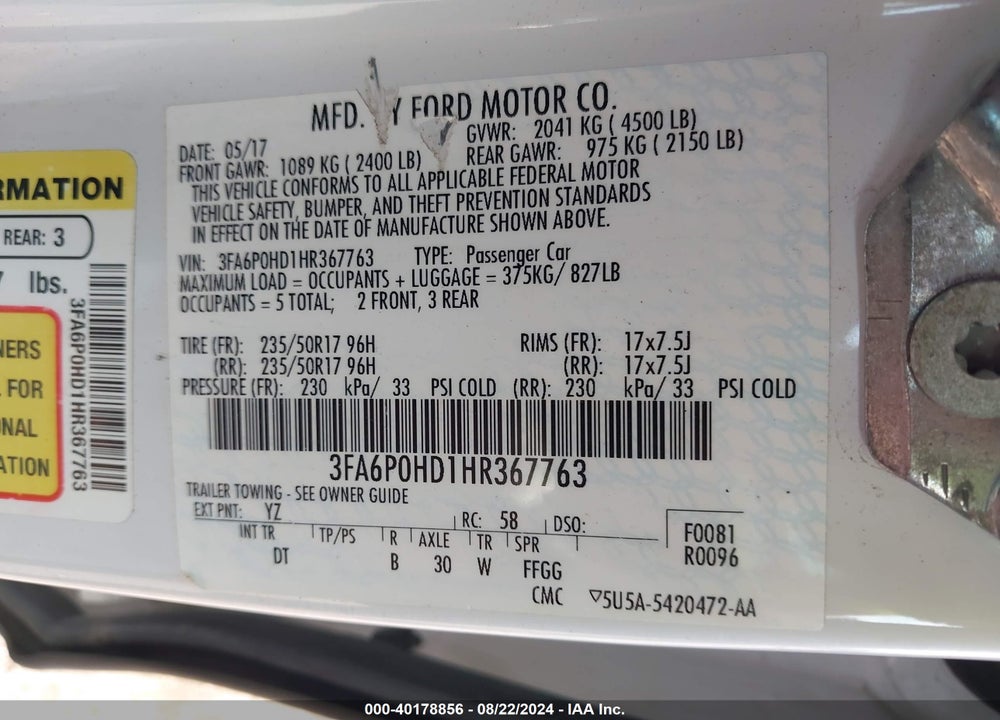 2017 FORD FUSION SE VIN: 3FA6P0HD1HR367763