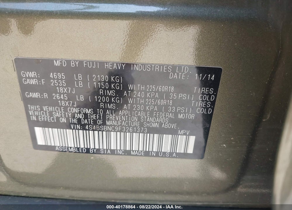 2015 SUBARU OUTBACK 2.5I LIMITED VIN: 4S4BSBNC9F3261373