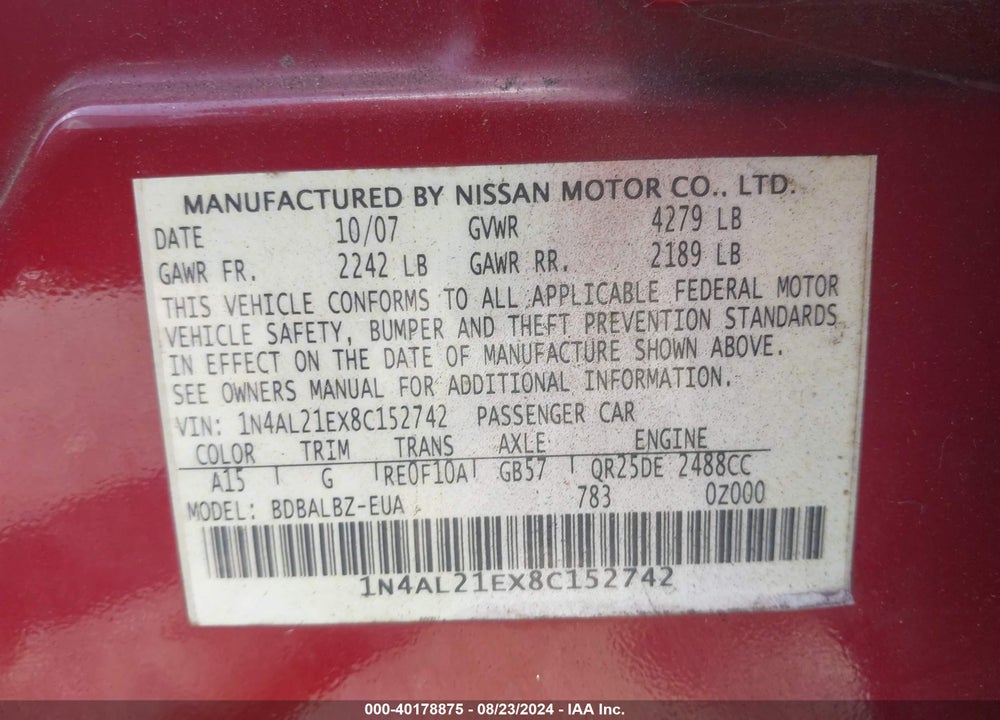 2008 NISSAN ALTIMA 2.5 S VIN: 1N4AL21EX8C152742
