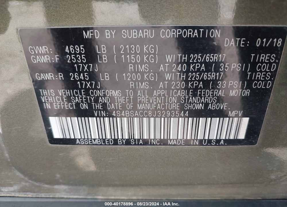 2018 SUBARU OUTBACK VIN: 4S4BSACC8J3293544