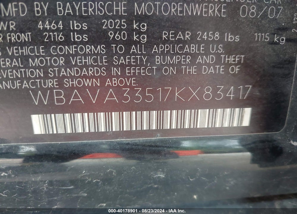 2007 BMW 328I VIN: WBAVA33517KX83417