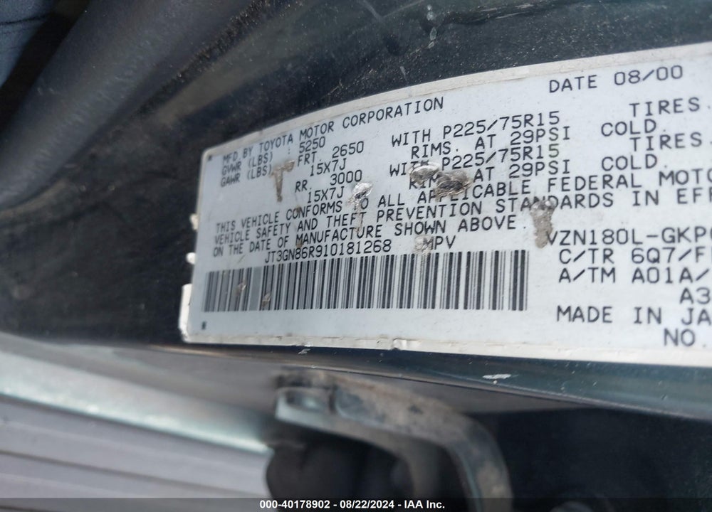 2001 TOYOTA 4RUNNER SR5 V6 VIN: JT3GN86R910181268