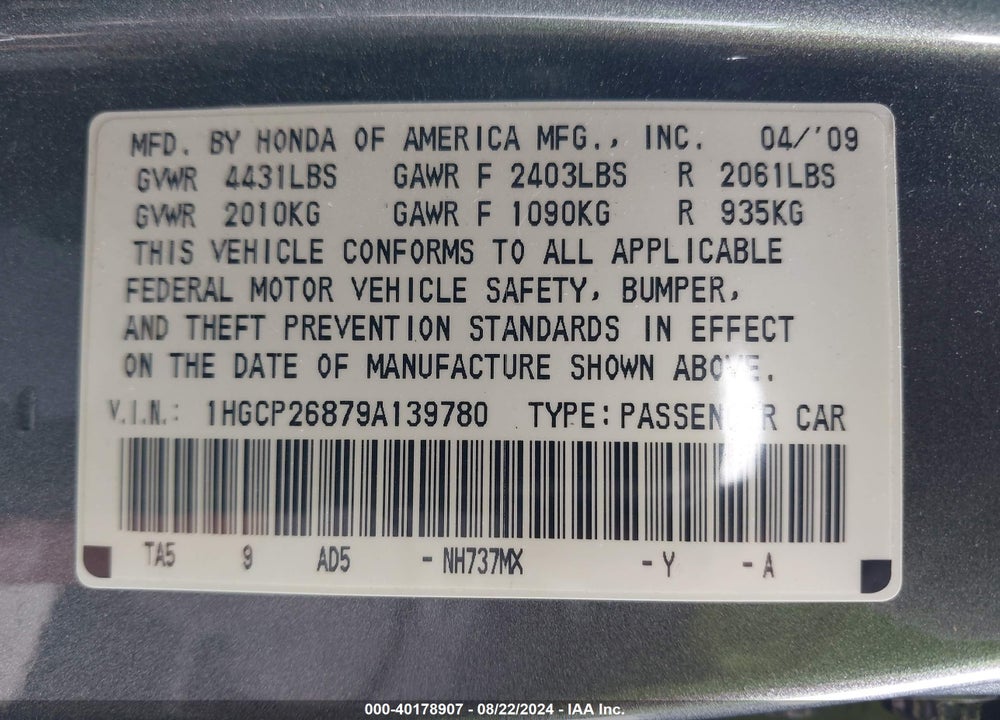 2009 HONDA ACCORD 2.4 EX-L VIN: 1HGCP26879A139780