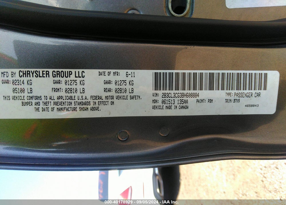 2011 DODGE CHARGER VIN: 2B3CL3CG3BH608884