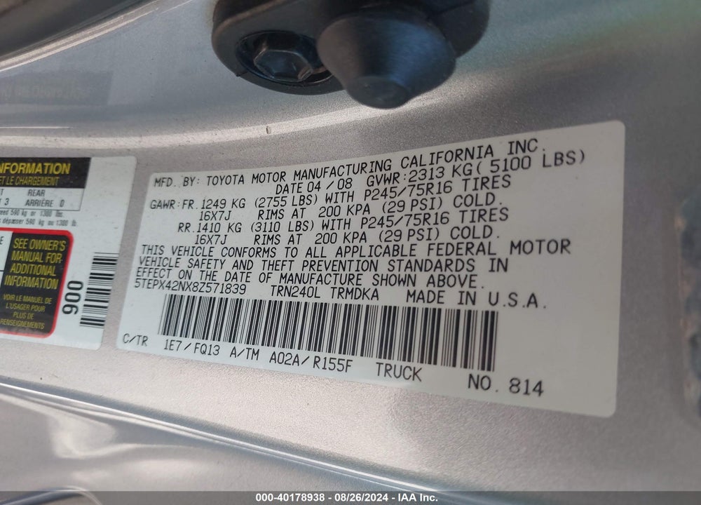 2008 TOYOTA TACOMA VIN: 5TEPX42NX8Z571839
