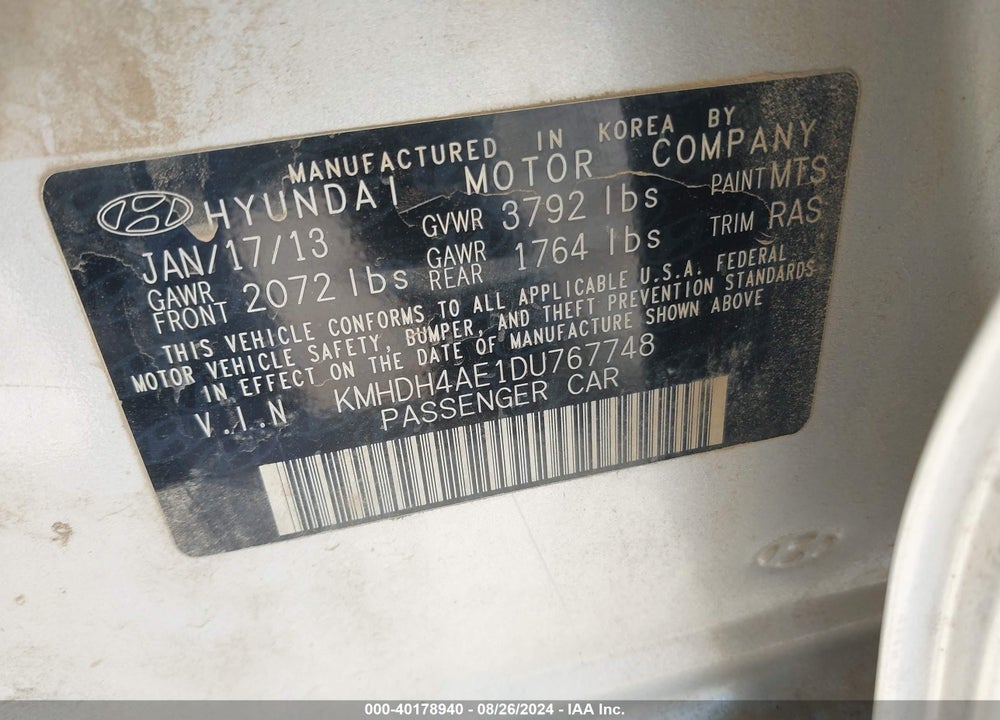2013 HYUNDAI ELANTRA GLS VIN: KMHDH4AE1DU767748