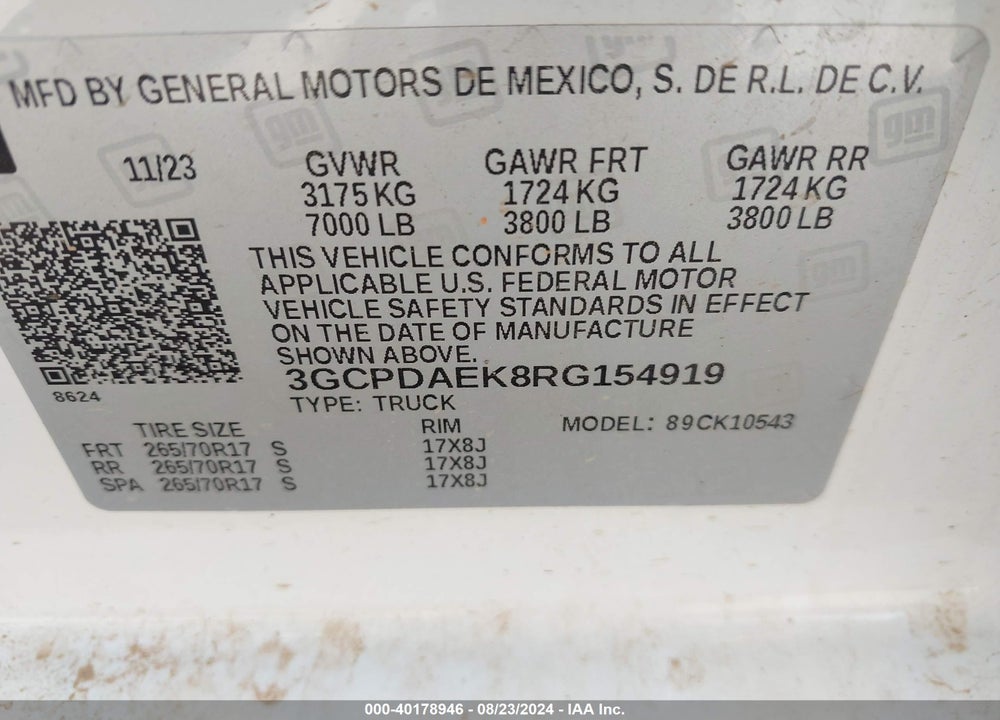 2024 CHEVROLET SILVERADO VIN: 3GCPDAEK8RG154919