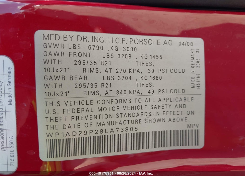 2008 PORSCHE CAYENNE GTS VIN: WP1AD29P28LA73805