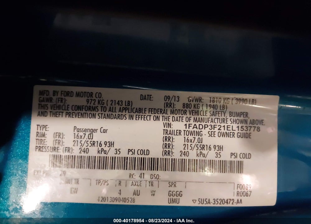 2014 FORD FOCUS SE VIN: 1FADP3F21EL153778