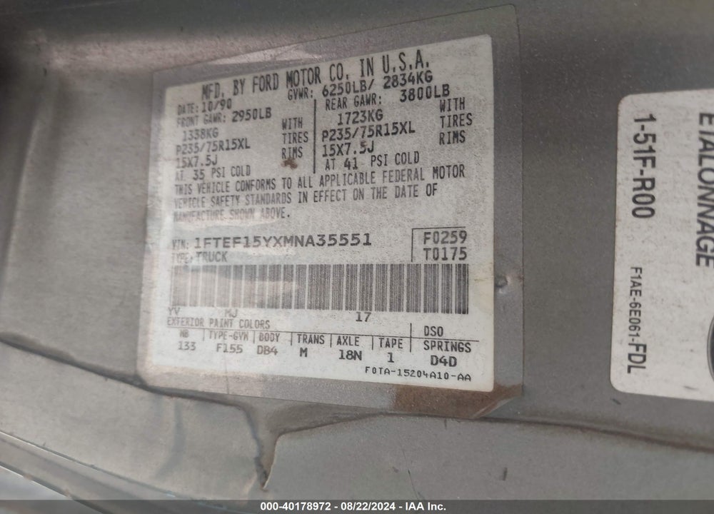 1991 FORD F150 VIN: 1FTEF15YXMNA35551