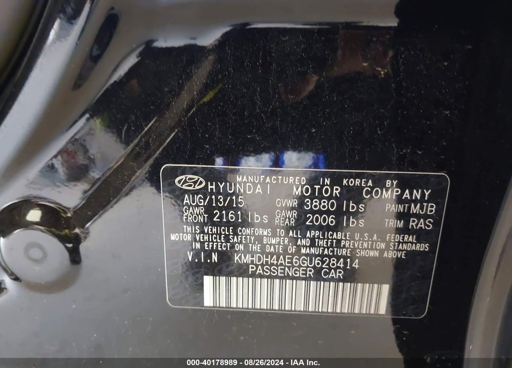 2016 HYUNDAI ELANTRA SE VIN: KMHDH4AE6GU628414