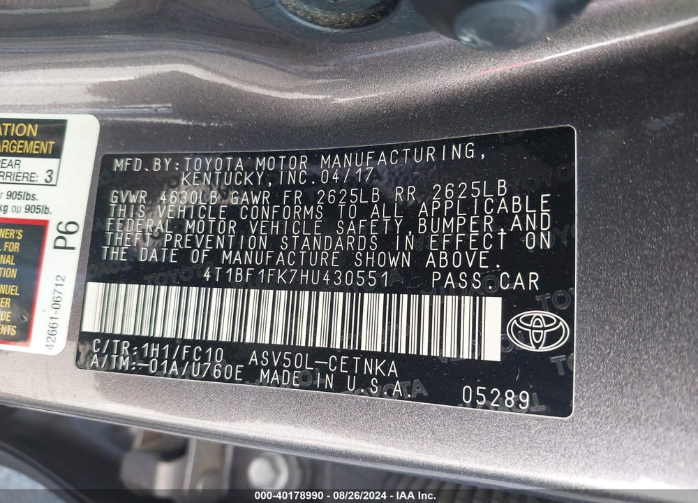 2017 TOYOTA CAMRY LE VIN: 4T1BF1FK7HU430551