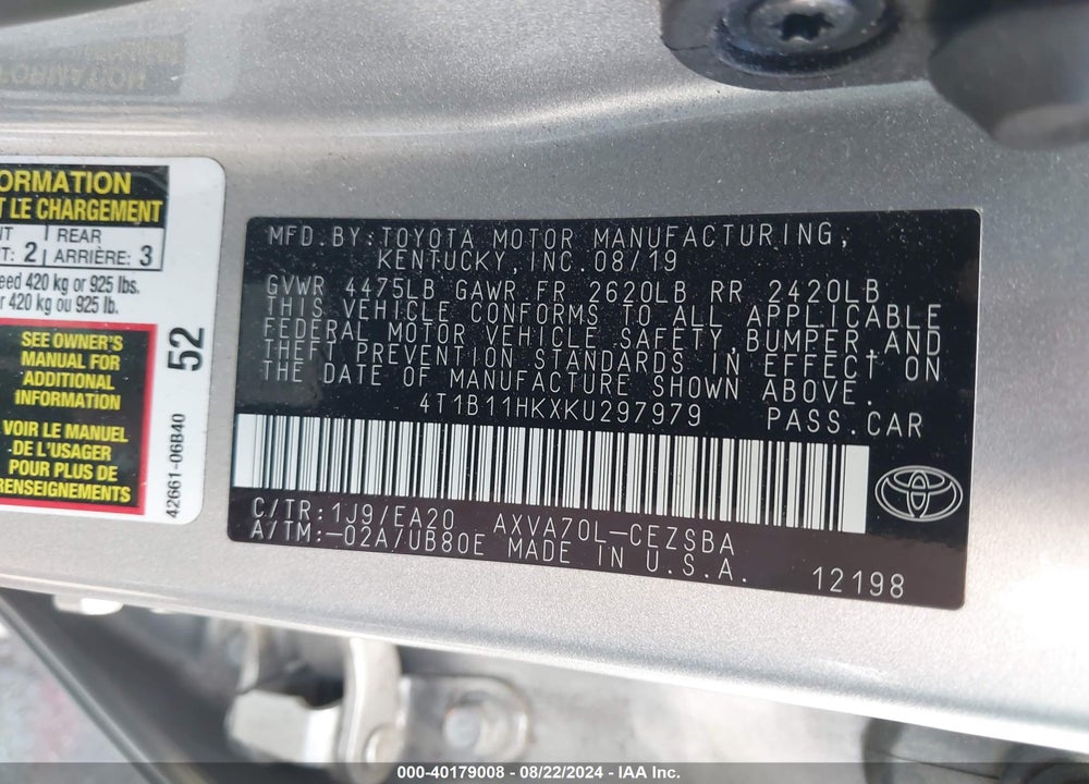 2019 TOYOTA CAMRY SE VIN: 4T1B11HKXKU297979