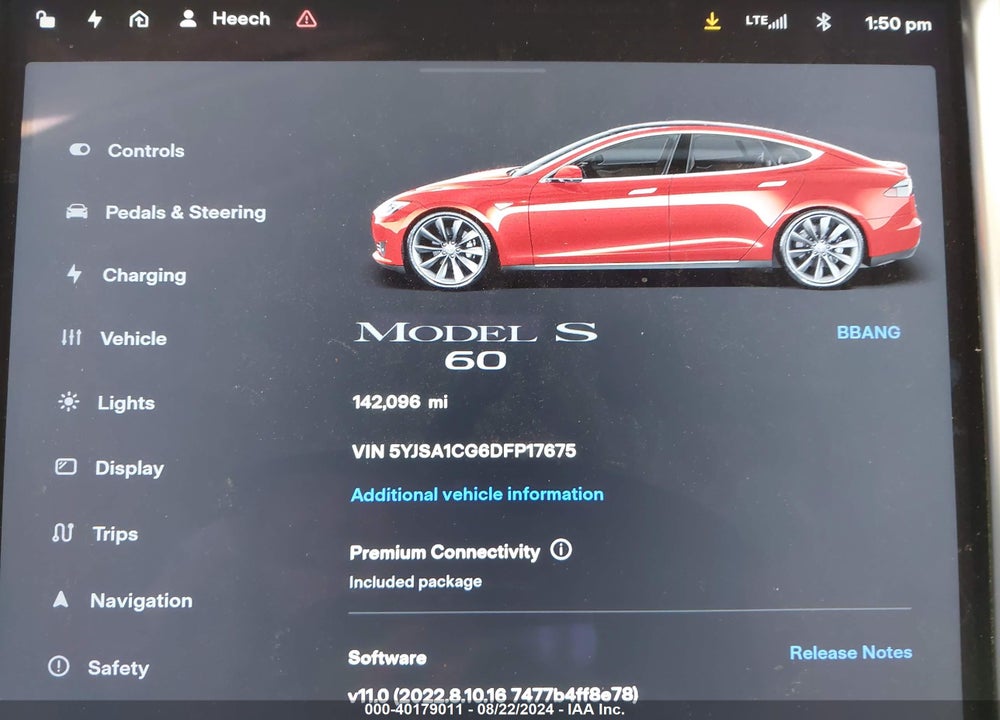 2013 TESLA MODEL S VIN: 5YJSA1CG6DFP17675