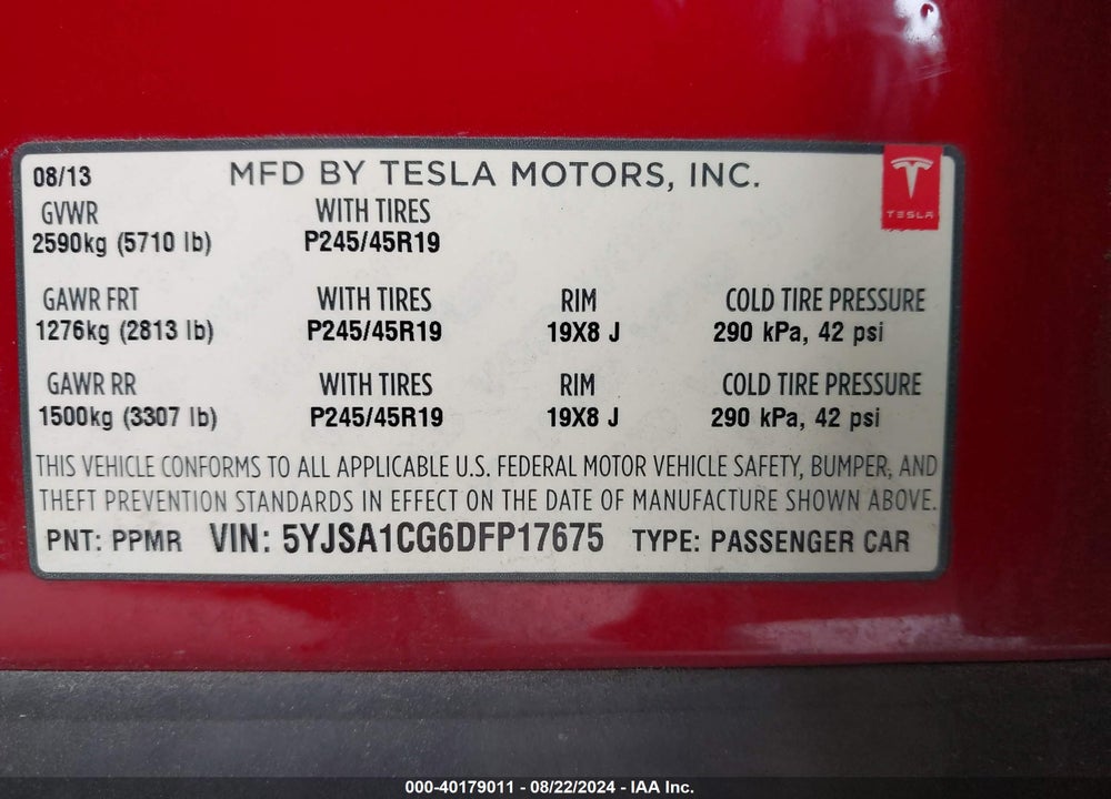 2013 TESLA MODEL S VIN: 5YJSA1CG6DFP17675