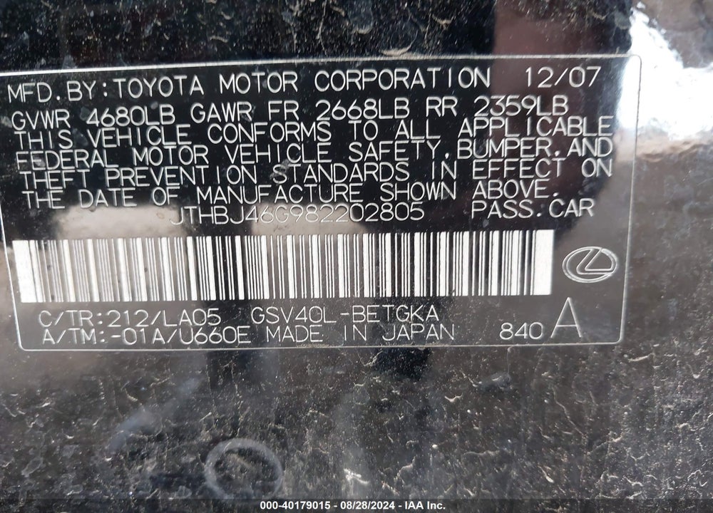 2008 LEXUS ES 350 VIN: JTHBJ46G982202805