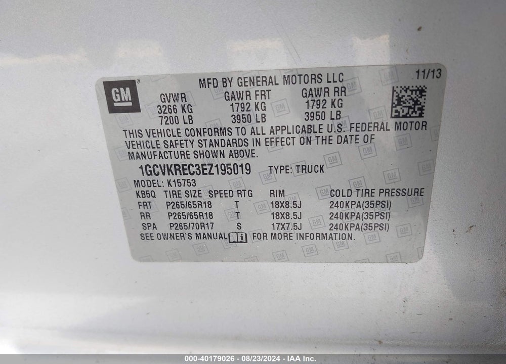 2014 CHEVROLET SILVERADO 1500 2LT VIN: 1GCVKREC3EZ195019