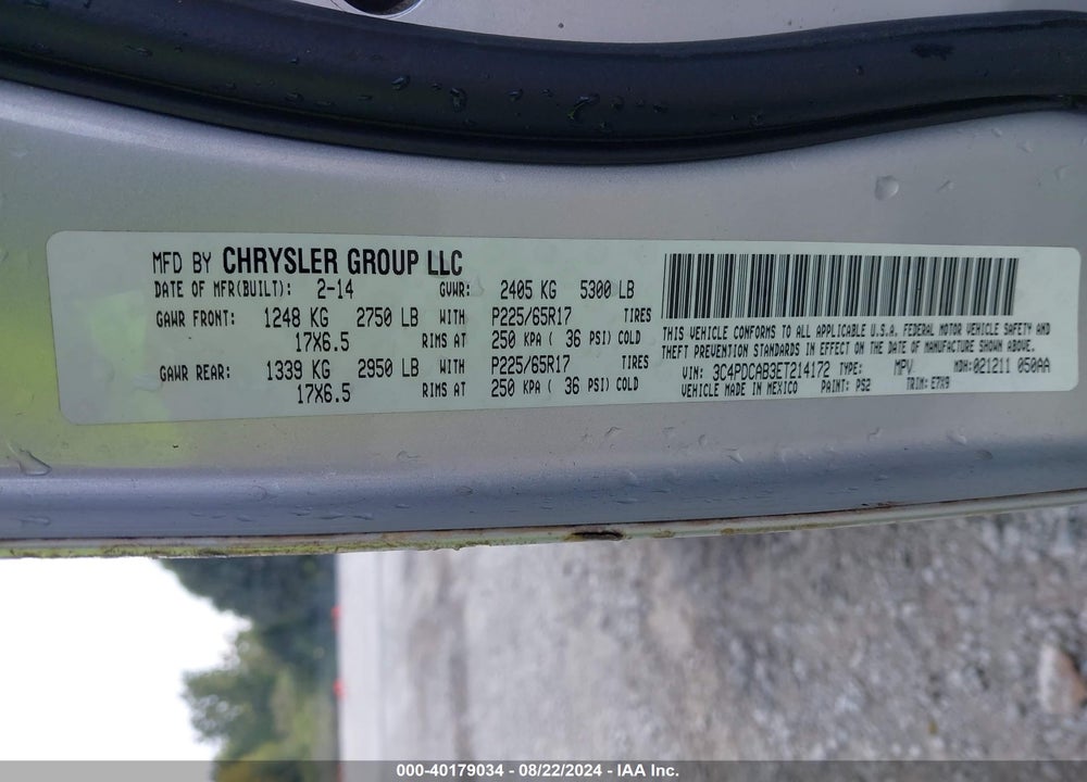 2014 DODGE JOURNEY SE VIN: 3C4PDCAB3ET214172