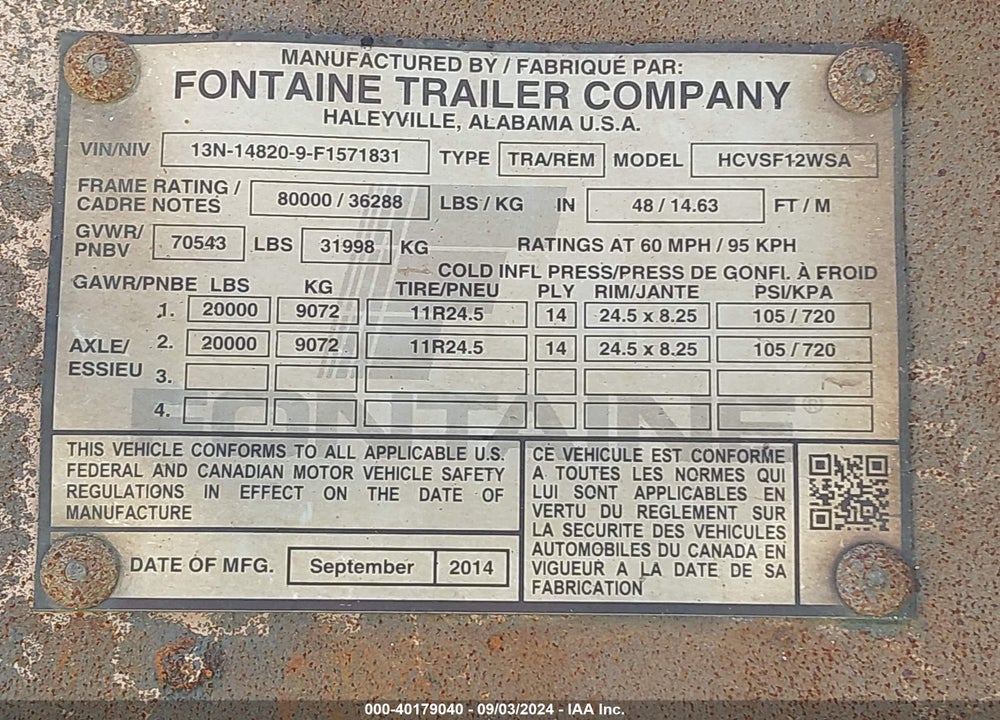 2015 FONTAINE TRAILER CO TRAILER VIN: 13N148209F1571831