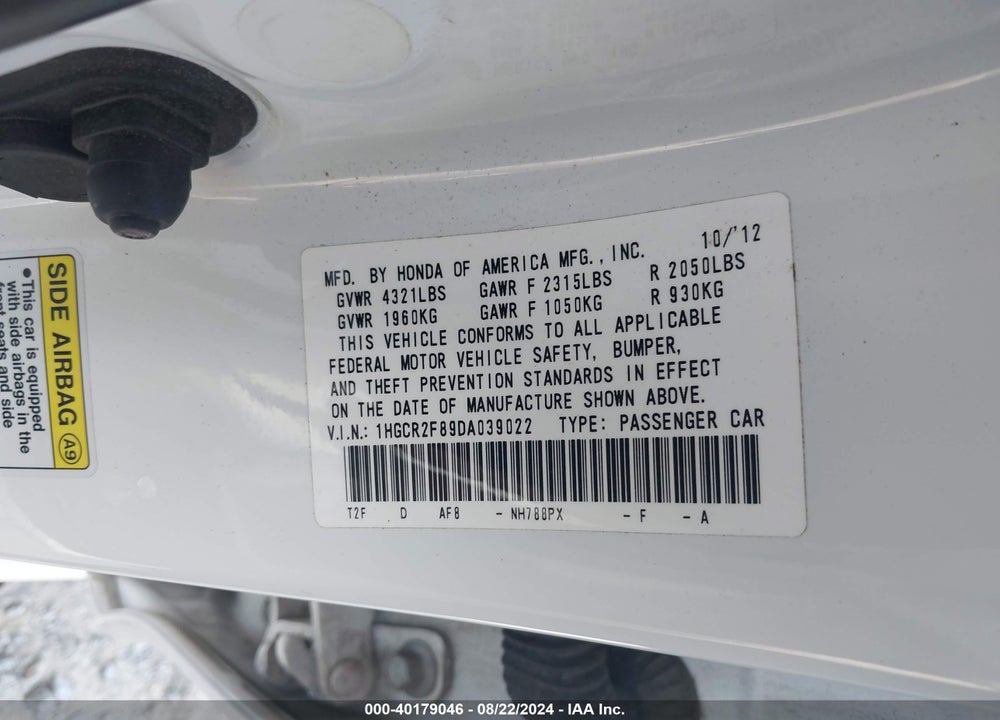 2013 HONDA ACCORD EX-L VIN: 1HGCR2F89DA039022