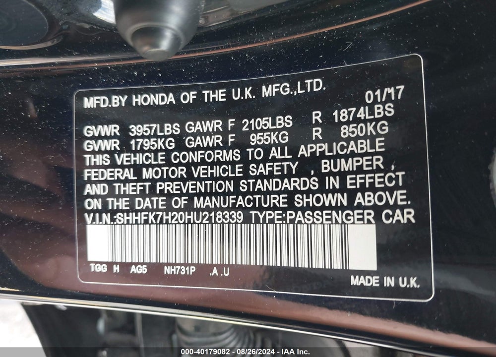 2017 HONDA CIVIC LX VIN: SHHFK7H20HU218339