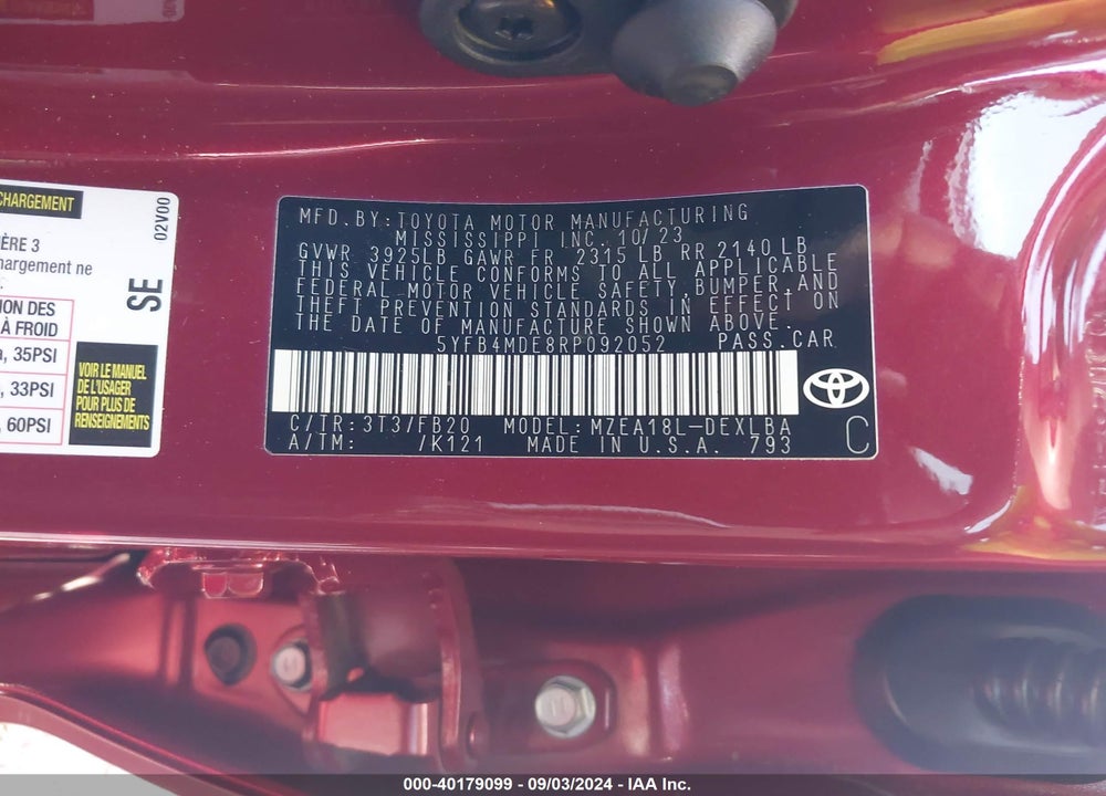 2024 TOYOTA COROLLA LE VIN: 5YFB4MDE8RP092052