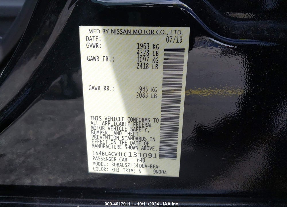 2020 NISSAN ALTIMA SR FWD VIN: 1N4BL4CV3LC131091