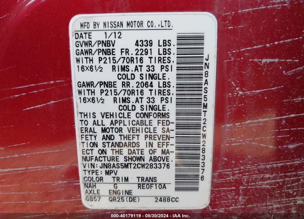 2012 NISSAN ROGUE VIN: JN8AS5MT2CW283376