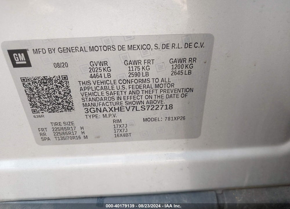 2020 CHEVROLET EQUINOX VIN: 3GNAXHEV7LS722718