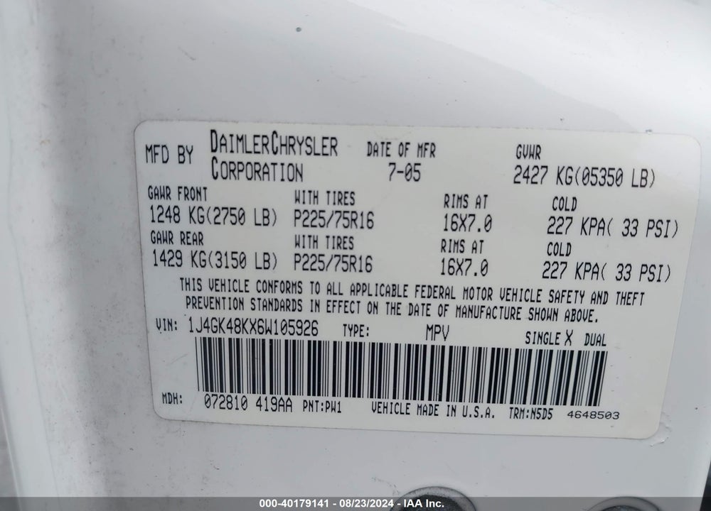 2006 JEEP LIBERTY SPORT VIN: 1J4GK48KX6W105926
