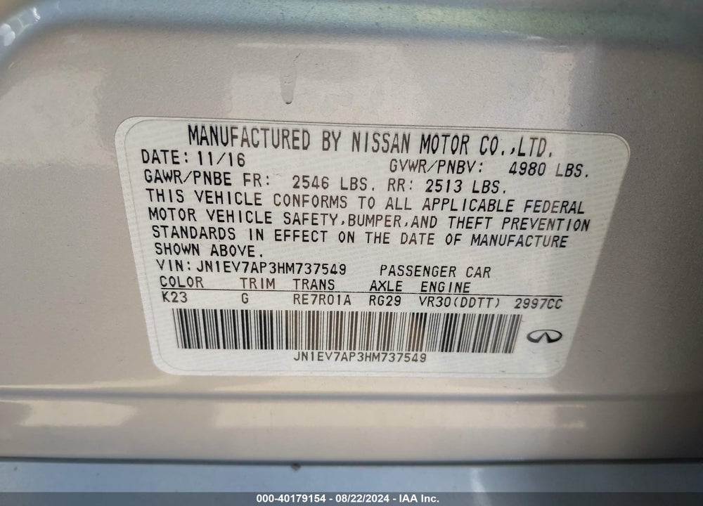 2017 INFINITI Q50 3.0T PREMIUM VIN: JN1EV7AP3HM737549