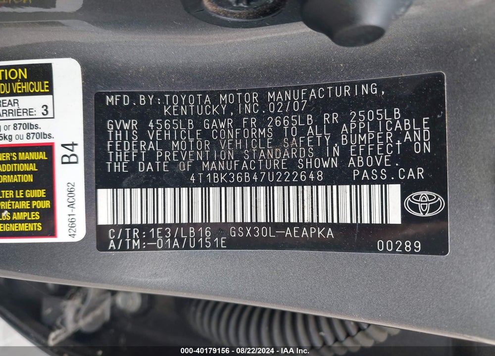 2007 TOYOTA AVALON LIMITED VIN: 4T1BK36B47U222648