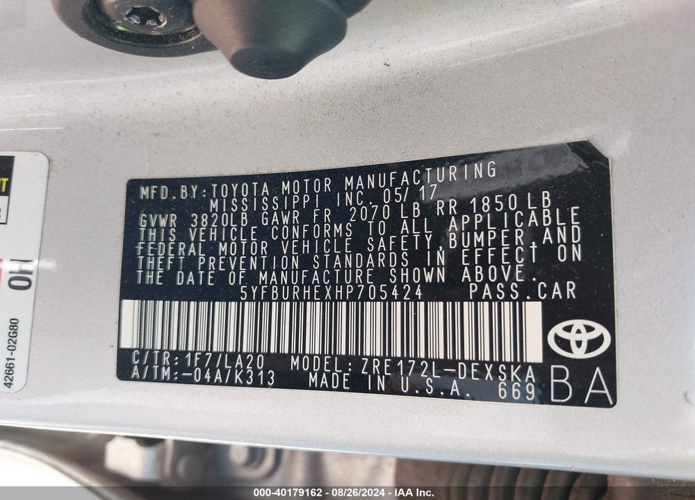 2017 TOYOTA COROLLA XSE VIN: 5YFBURHEXHP705424