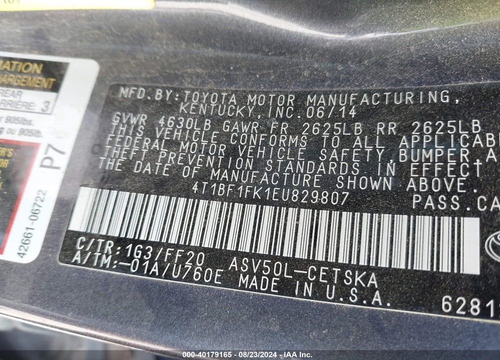 2014 TOYOTA CAMRY SE VIN: 4T1BF1FK1EU829807