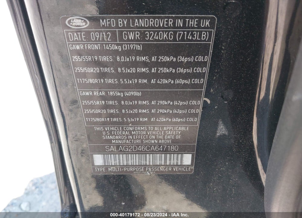 2012 LAND ROVER LR4 VIN: SALAG2D46CA647180