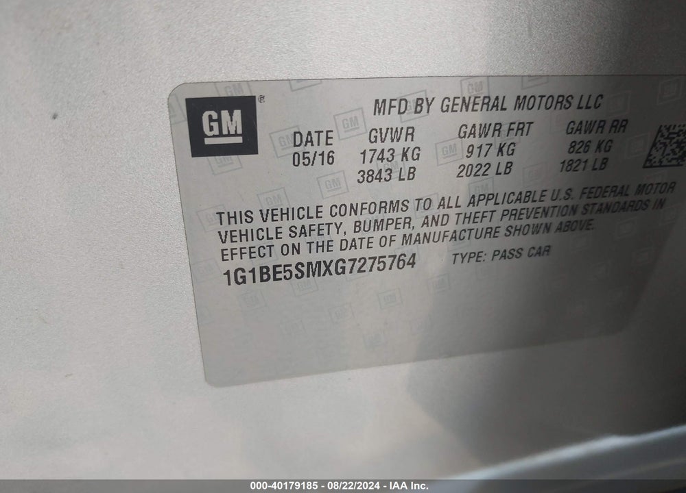 2016 CHEVROLET CRUZE LT AUTO VIN: 1G1BE5SMXG7275764