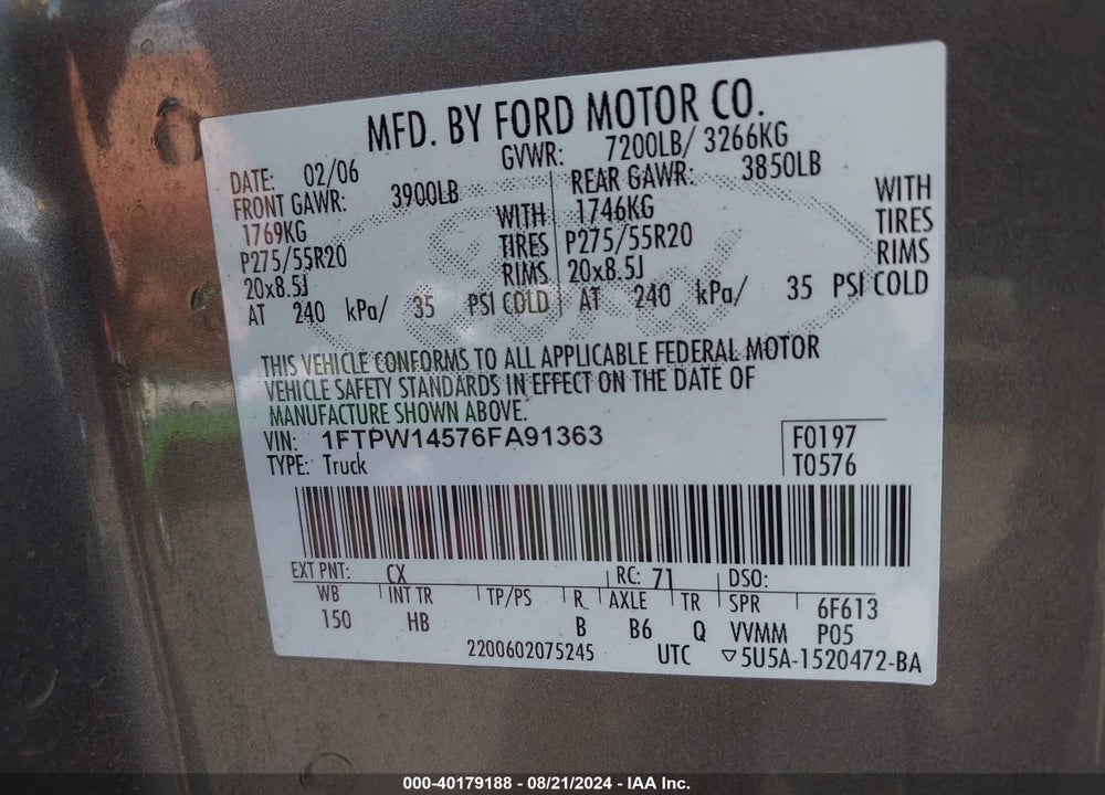 2006 FORD F-150 FX4/LARIAT/XLT VIN: 1FTPW14576FA91363