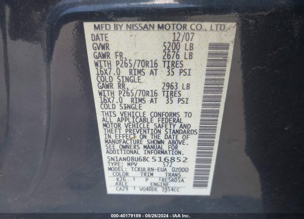 2008 NISSAN XTERRA S VIN: 5N1AN08U68C516852